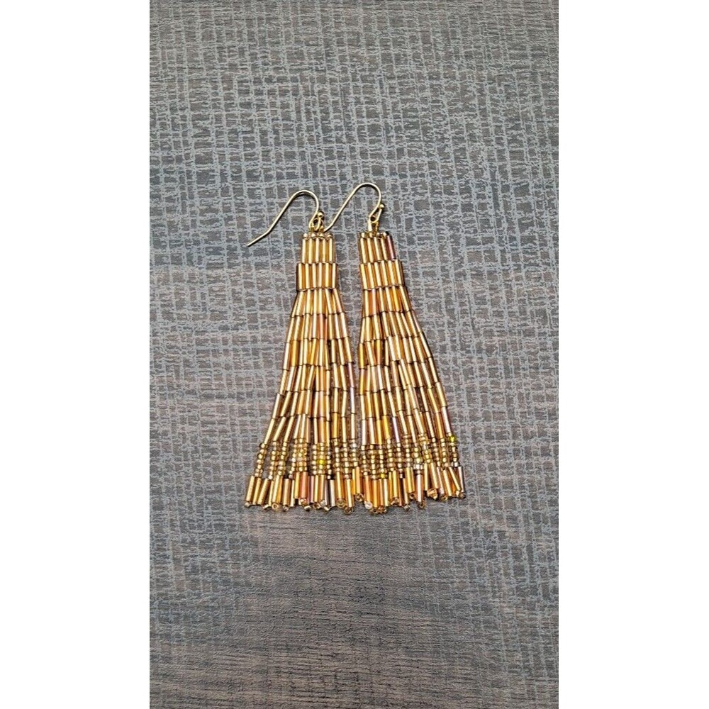 Gold Beaded Tassel Fringe Dangle Earrings
